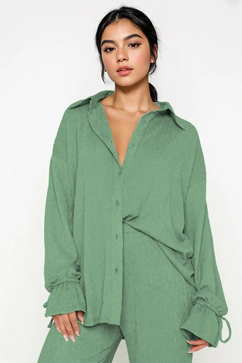 Commuter Solid Collared Tie-Up Long Sleeve Button Shirt & Wide Leg Trousers Co-ord