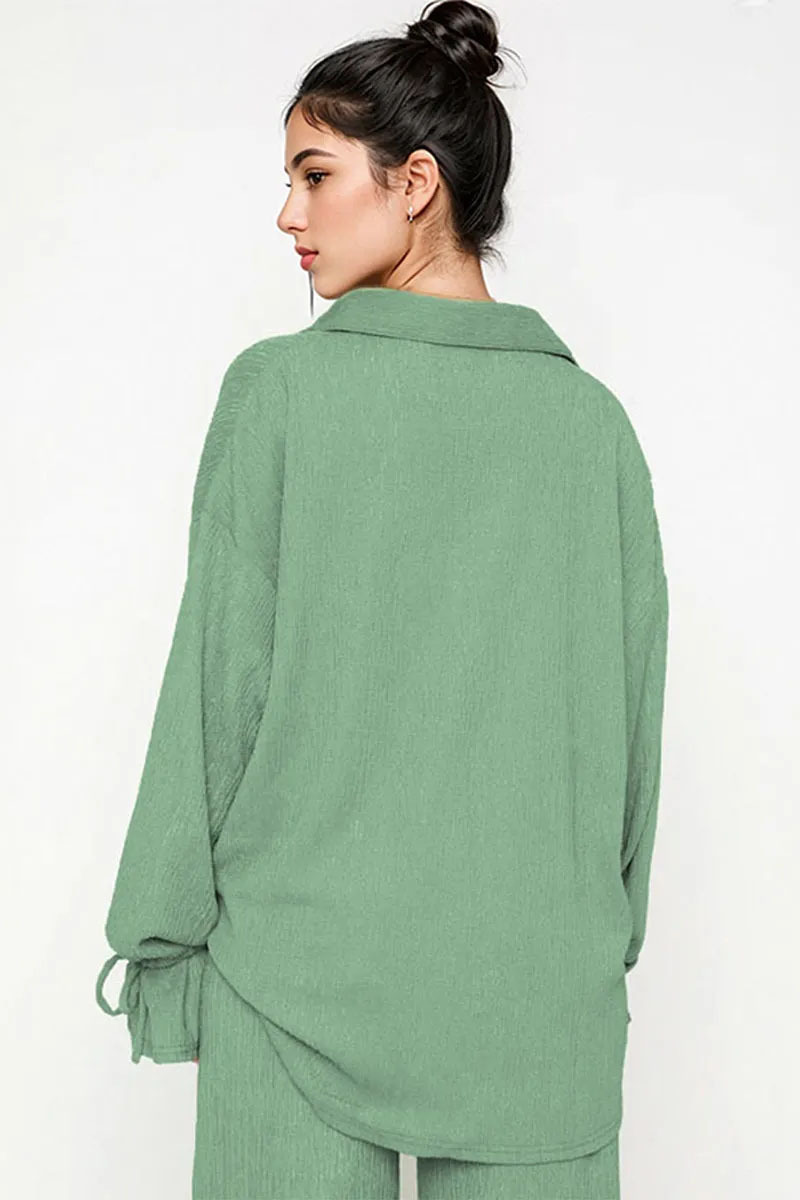 Commuter Solid Collared Tie-Up Long Sleeve Button Shirt & Wide Leg Trousers Co-ord