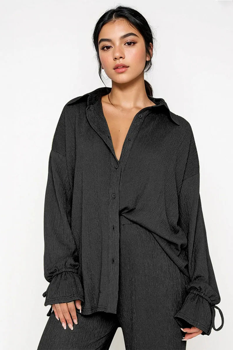 Commuter Solid Collared Tie-Up Long Sleeve Button Shirt & Wide Leg Tro