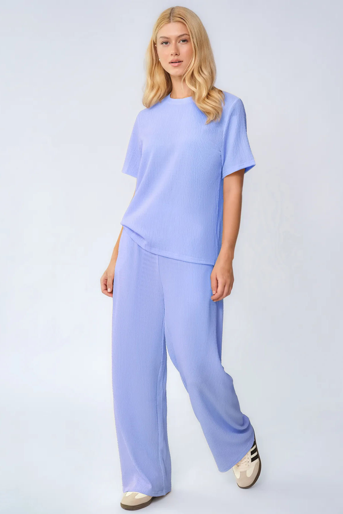 Cozy Solid Round Neck Short Sleeve Top & Wide Leg Trousers Co-ord