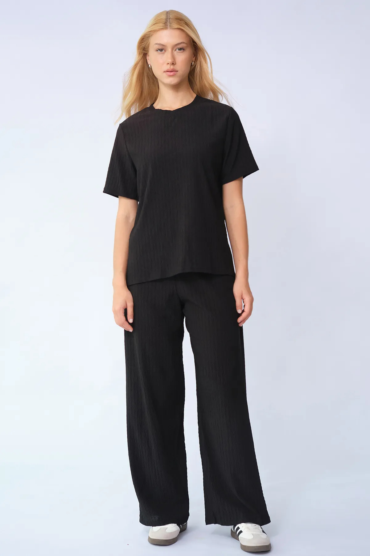 Cozy Solid Round Neck Short Sleeve Top & Wide Leg Trousers Co-ord