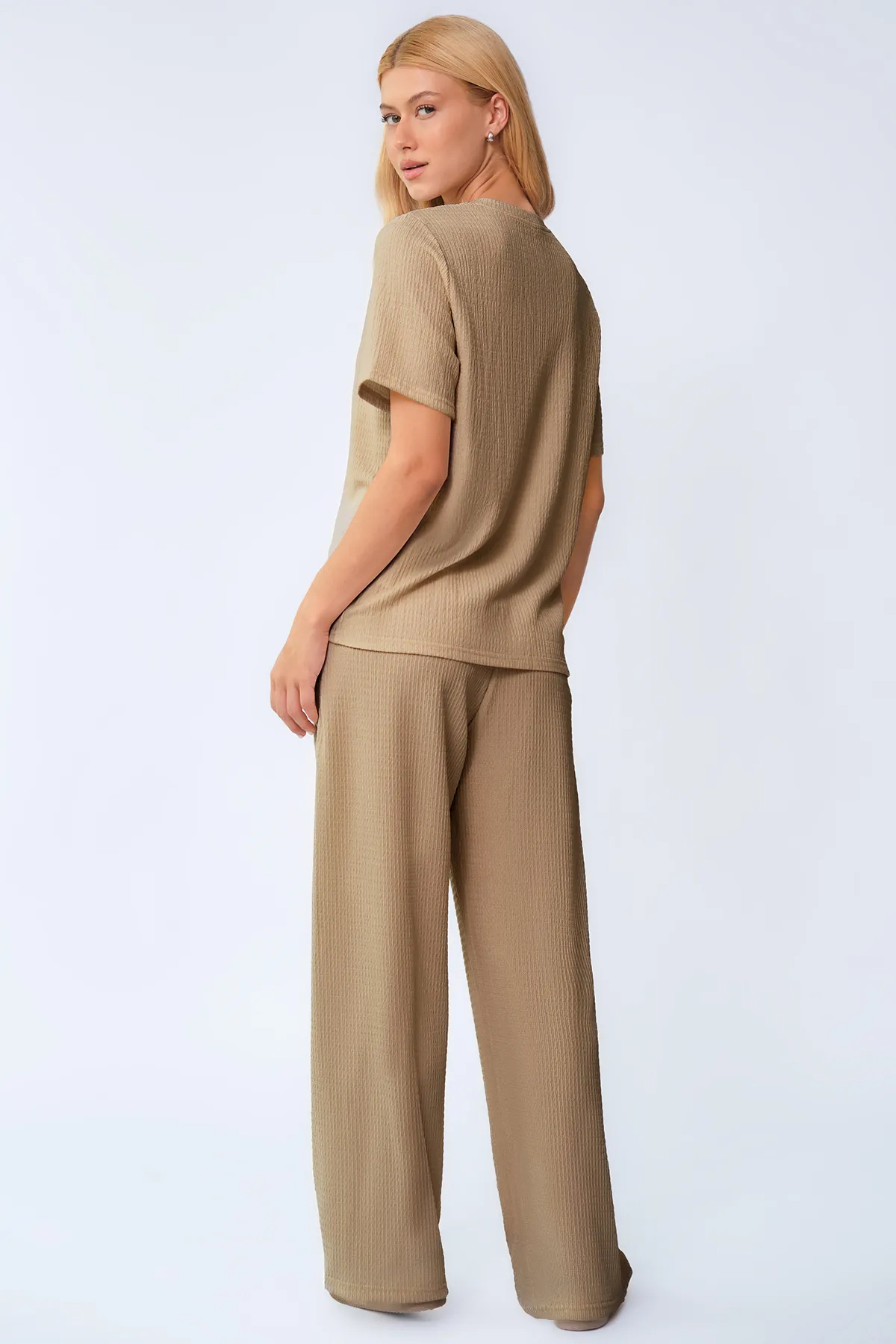 Cozy Solid Round Neck Short Sleeve Top & Wide Leg Trousers Co-ord