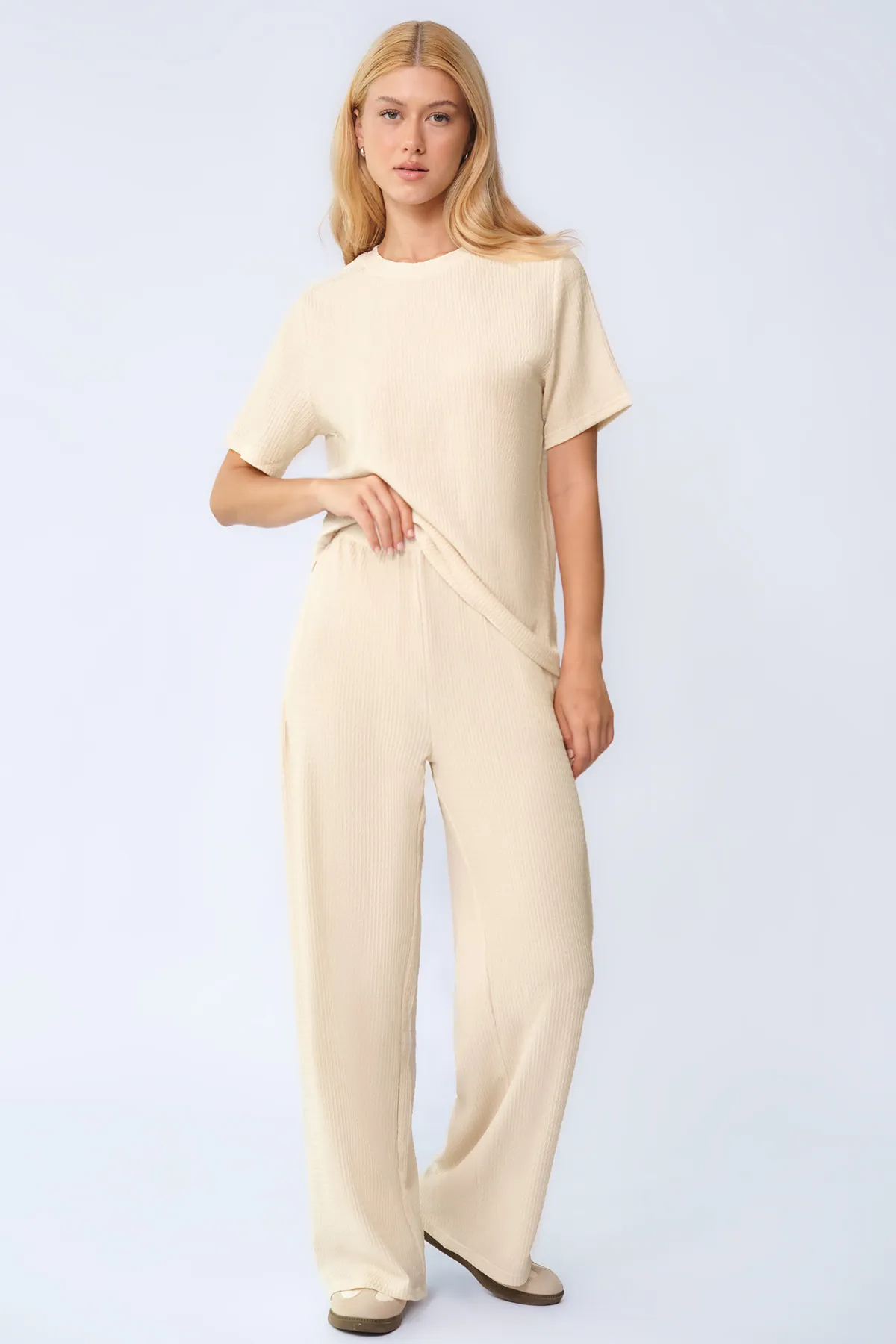 Cozy Solid Round Neck Short Sleeve Top & Wide Leg Trousers Co-ord