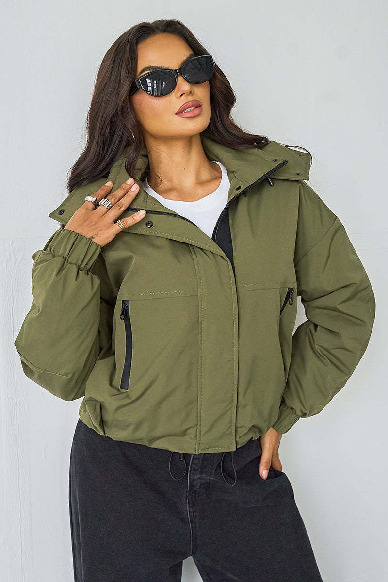 Street Stand Collar Hooded Zip-Up Trench Coat With Toggle-KATCH ME