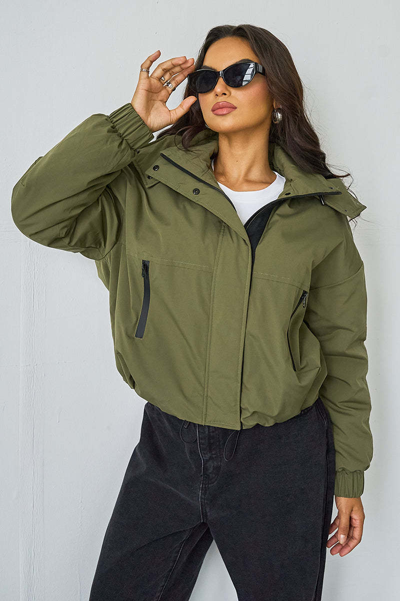Street Stand Collar Hooded Zip-Up Trench Coat With Toggle-KATCH ME