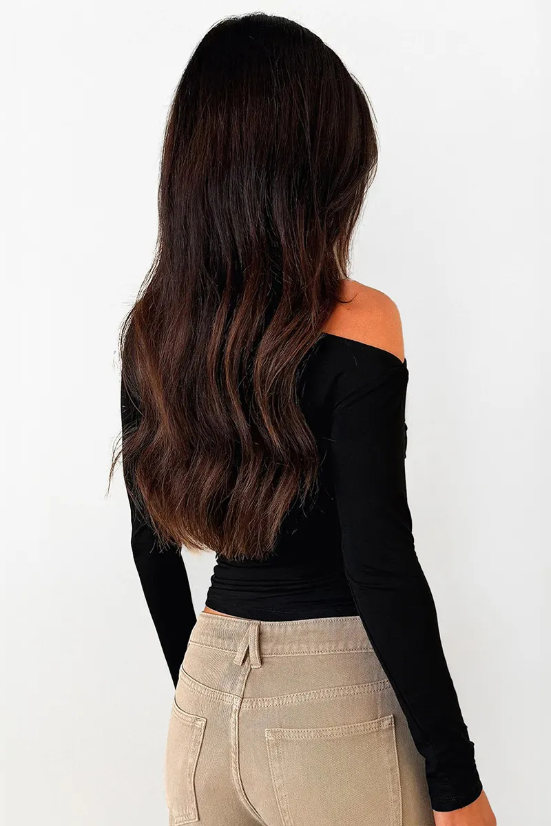 Elegant Sloping Shoulder Shirred Long Sleeve Slim Top