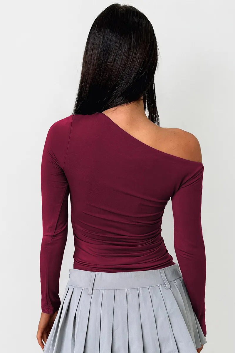Elegant Sloping Shoulder Shirred Long Sleeve Slim Top