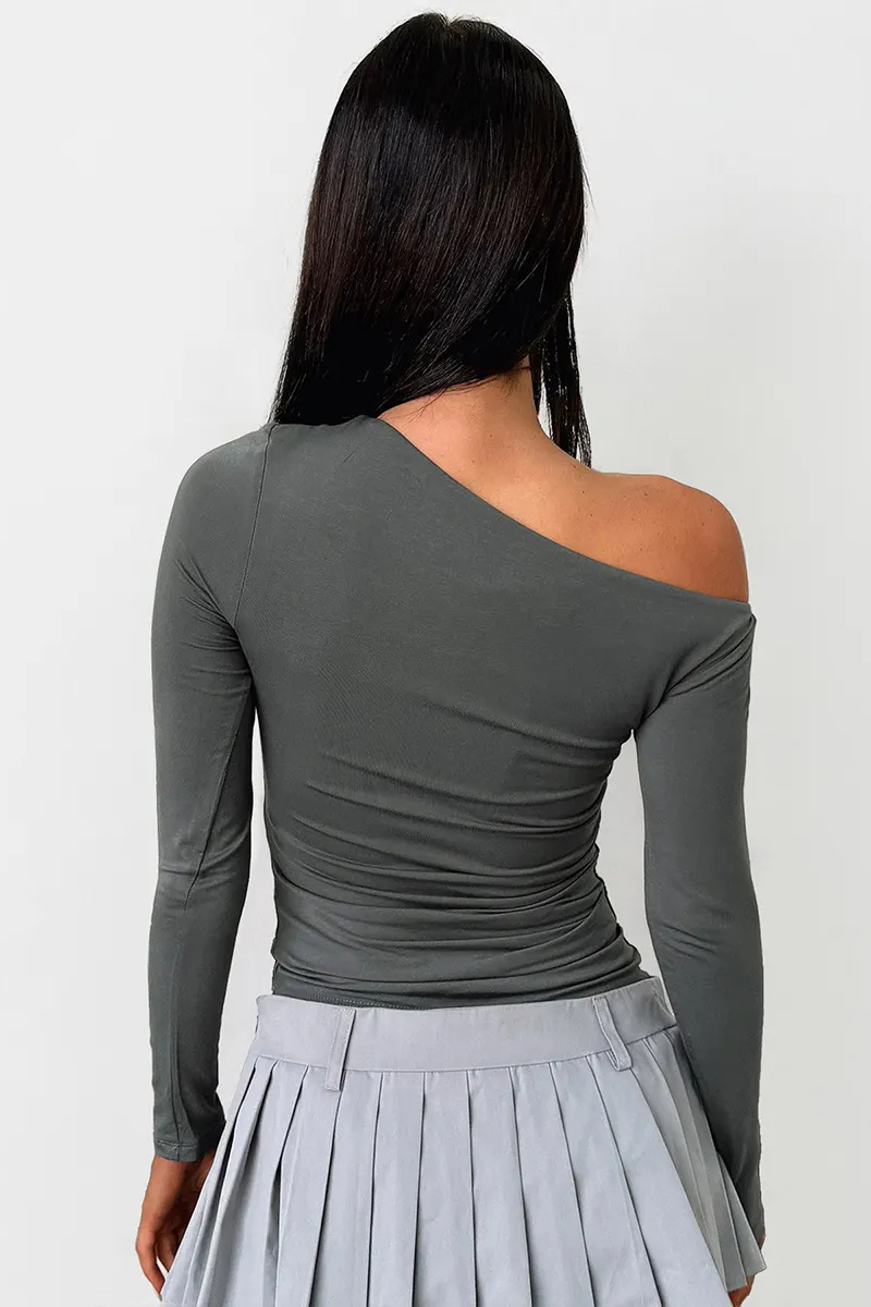 Elegant Sloping Shoulder Shirred Long Sleeve Slim Top