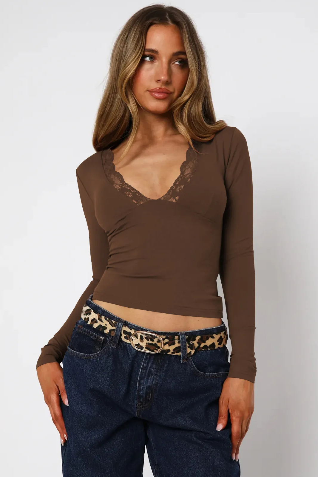 Elegant Solid Lace Trim V-Neck Long Sleeve Slim Top