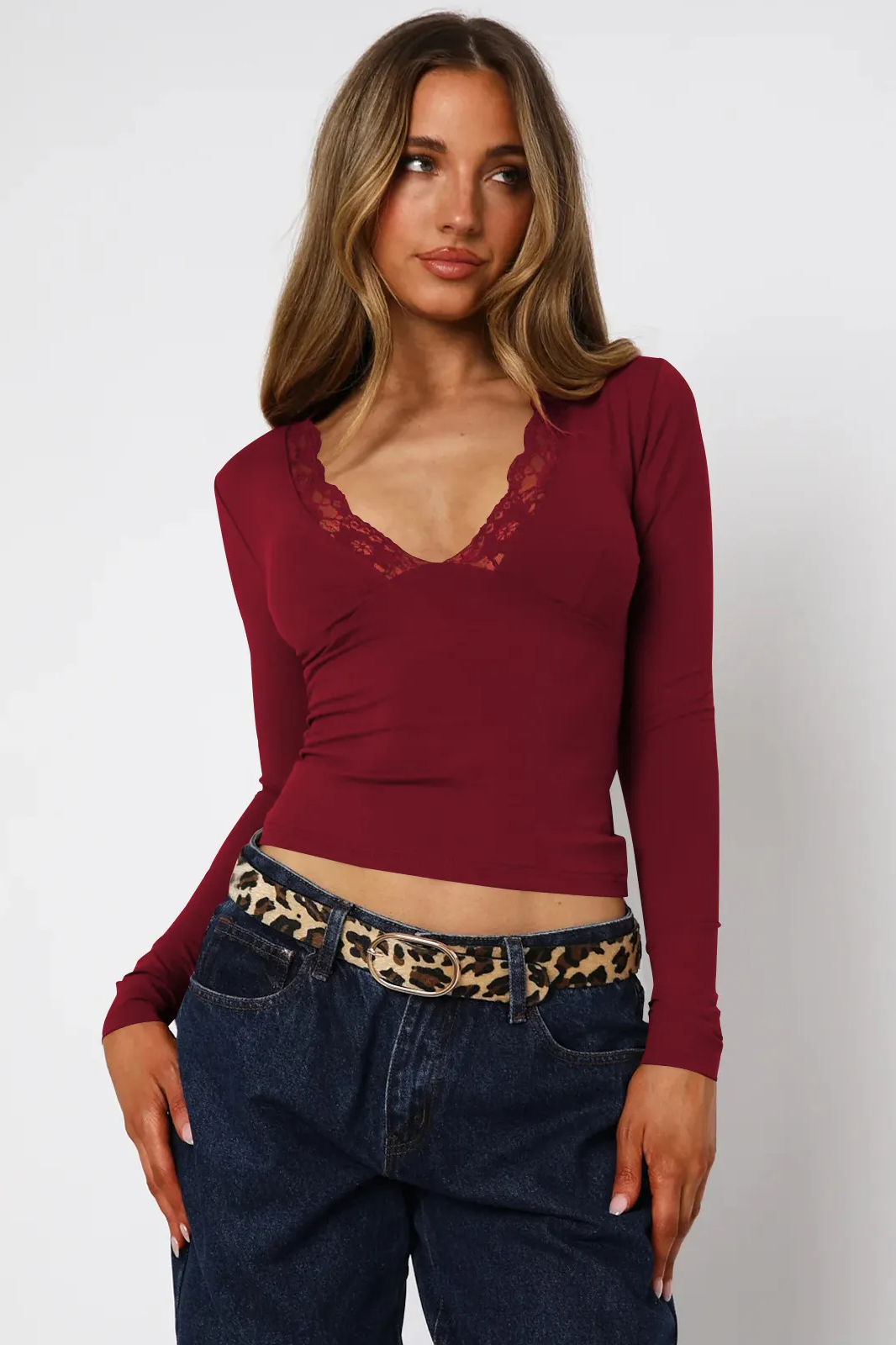 Elegant Solid Lace Trim V-Neck Long Sleeve Slim Top