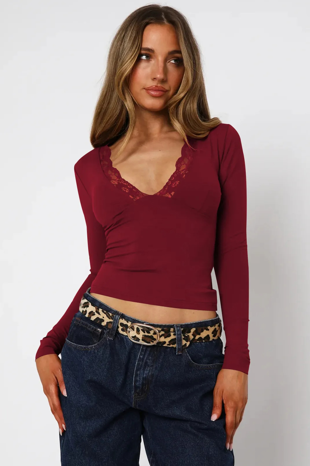 Elegant Solid Lace Trim V-Neck Long Sleeve Slim Top