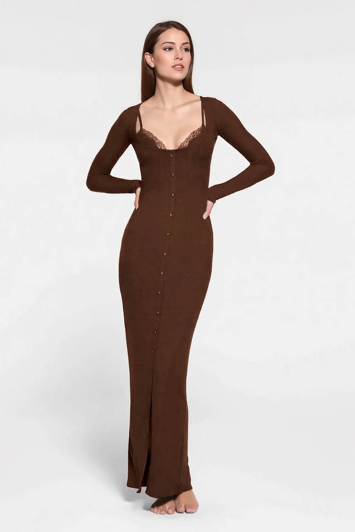 Elegant U Neck Lace Trim Button Through Slinky Maxi Dress