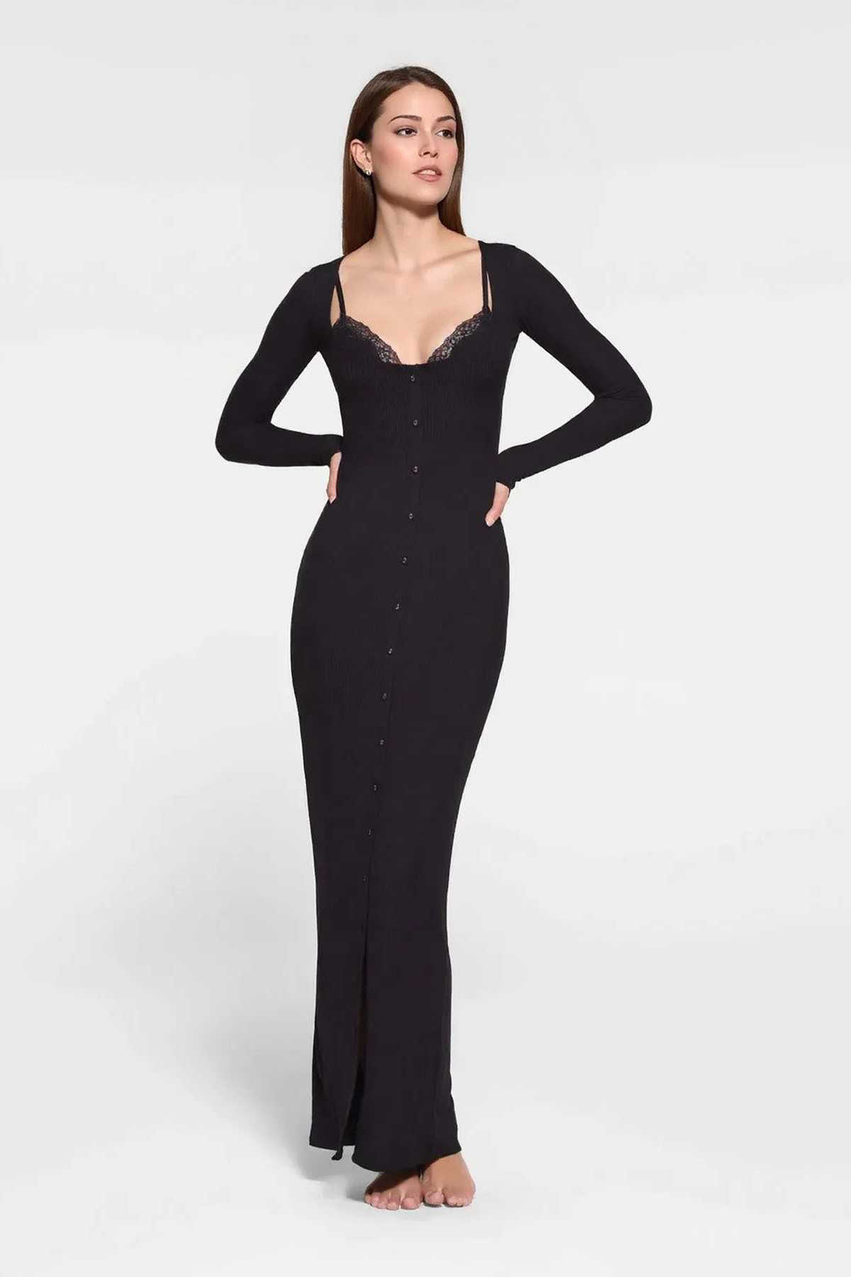 Elegant U Neck Lace Trim Button Through Slinky Maxi Dress