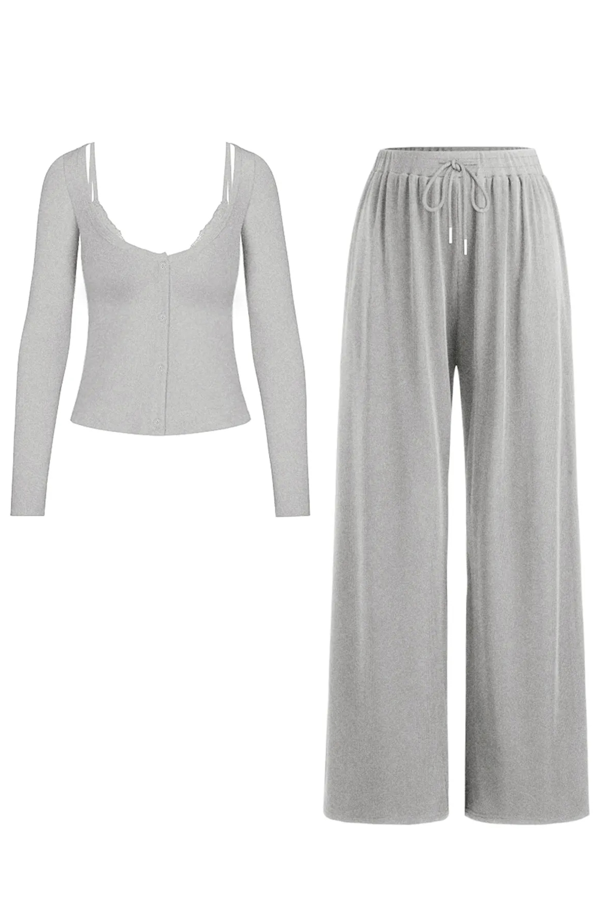 Elegant U-Neck Long Sleeve Top & Drawstring Waist Trousers with Lace Trim Camisole Three-Piece Set