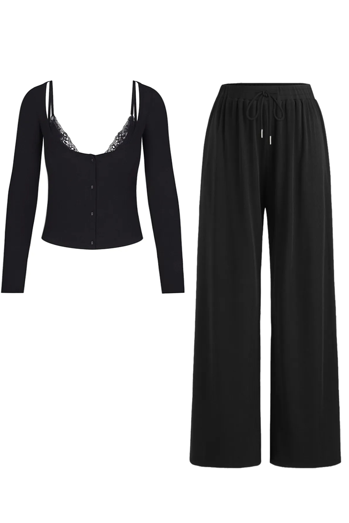Elegant U-Neck Long Sleeve Top & Drawstring Waist Trousers with Lace Trim Camisole Three-Piece Set-KATCH ME