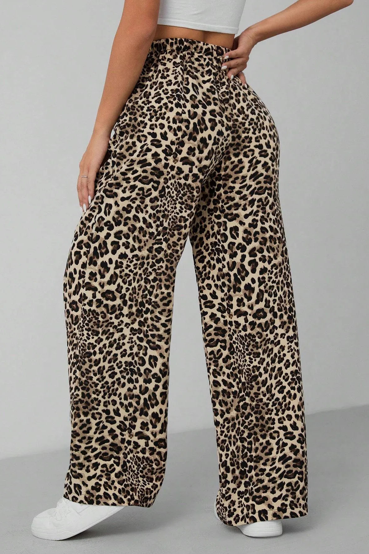 High Waist Leopard Print Drawstring Decor Wide Leg Trousers
