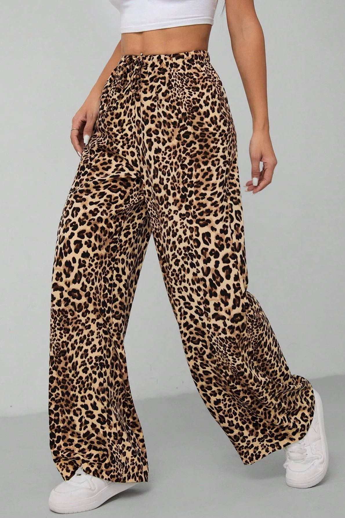 High Waist Leopard Print Drawstring Decor Wide Leg Trousers
