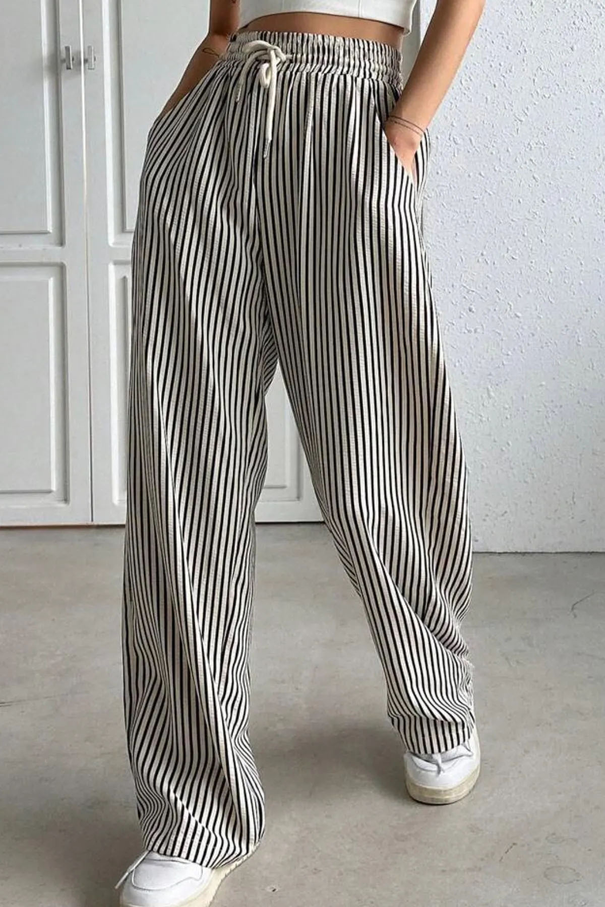 High Waist Leopard Print Drawstring Decor Wide Leg Trousers