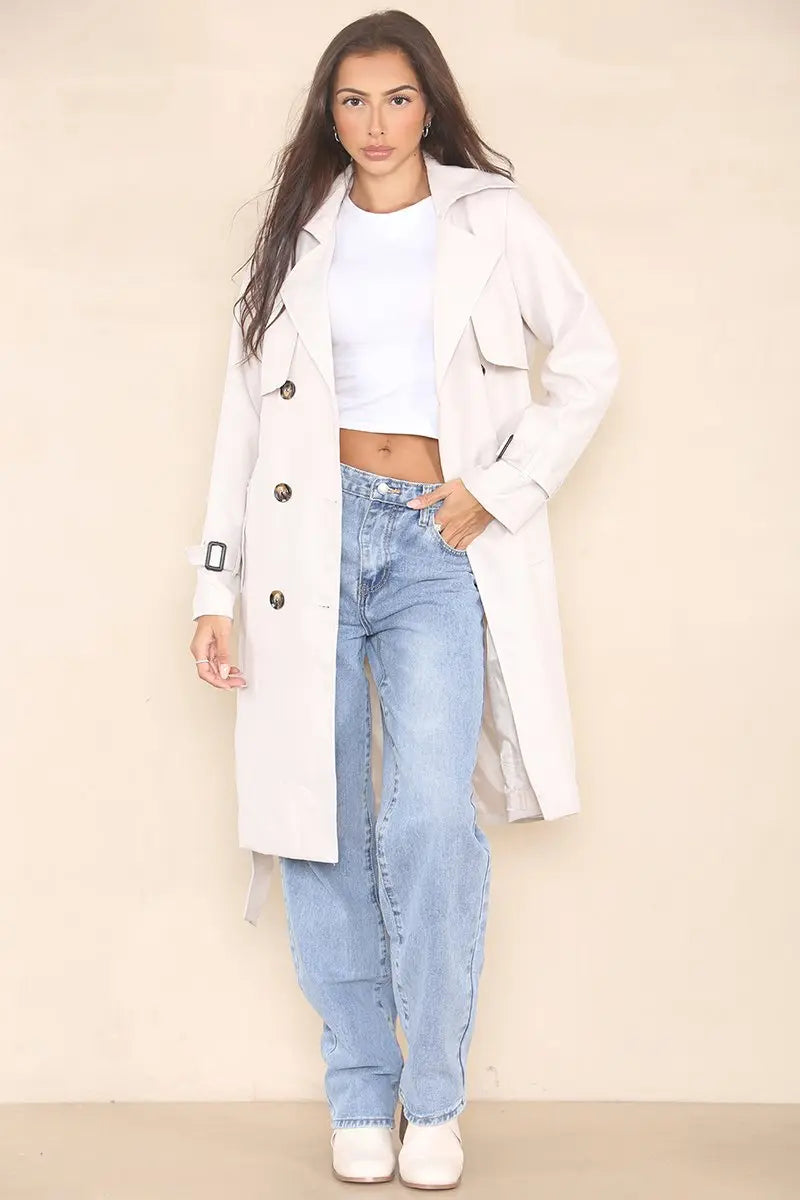 KATCH ME Beige Notch Lapel Double Breasted Belt Decor Trench Coat Coat 