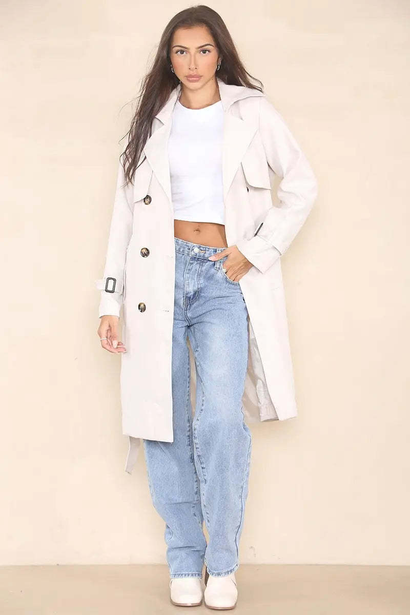KATCH ME Beige Notch Lapel Double Breasted Belt Decor Trench Coat Coat 