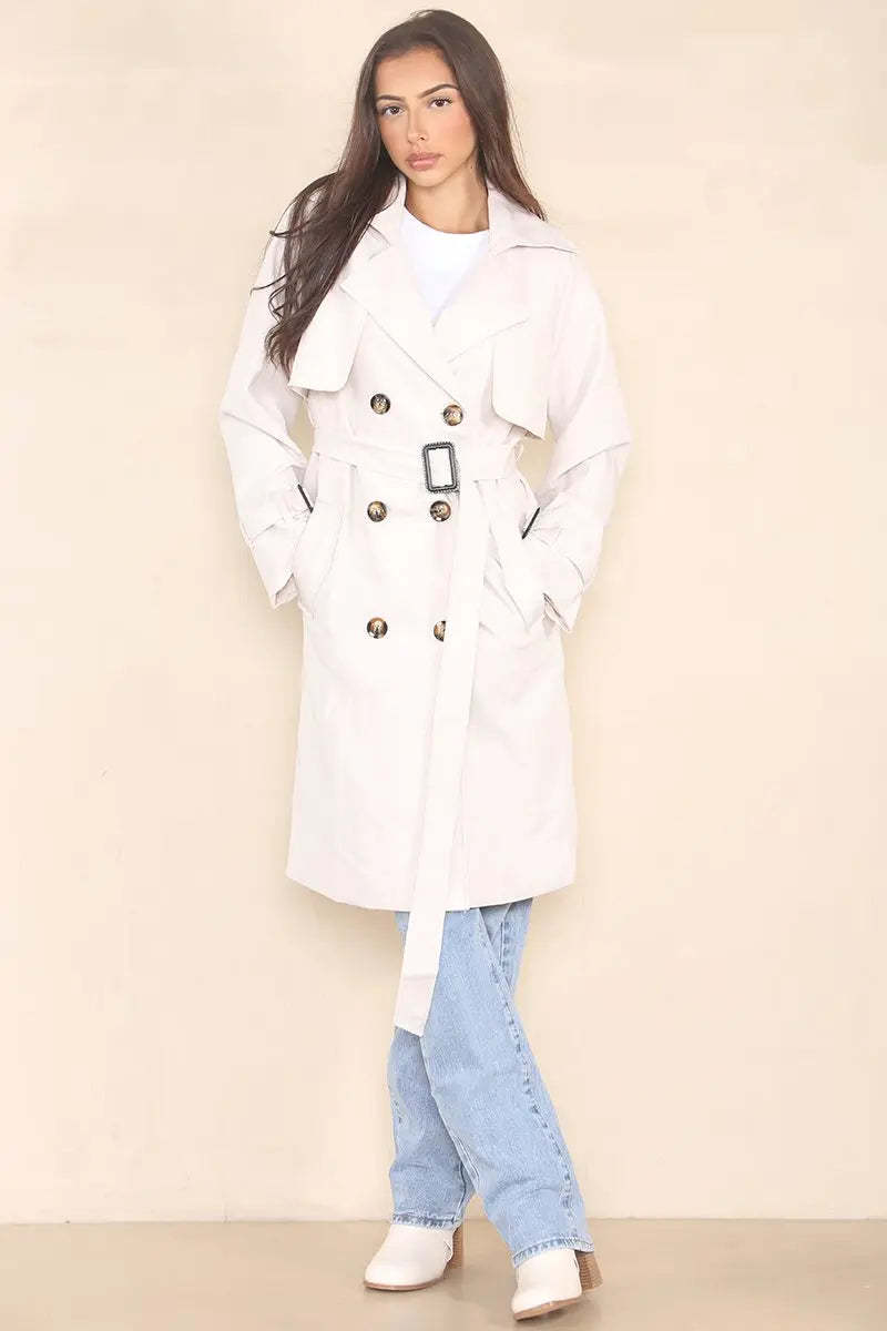 KATCH ME Beige Notch Lapel Double Breasted Belt Decor Trench Coat Coat