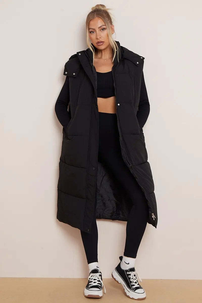 KATCH ME Black Versatile Waist Tie Hooded Thermal Gilet Coat