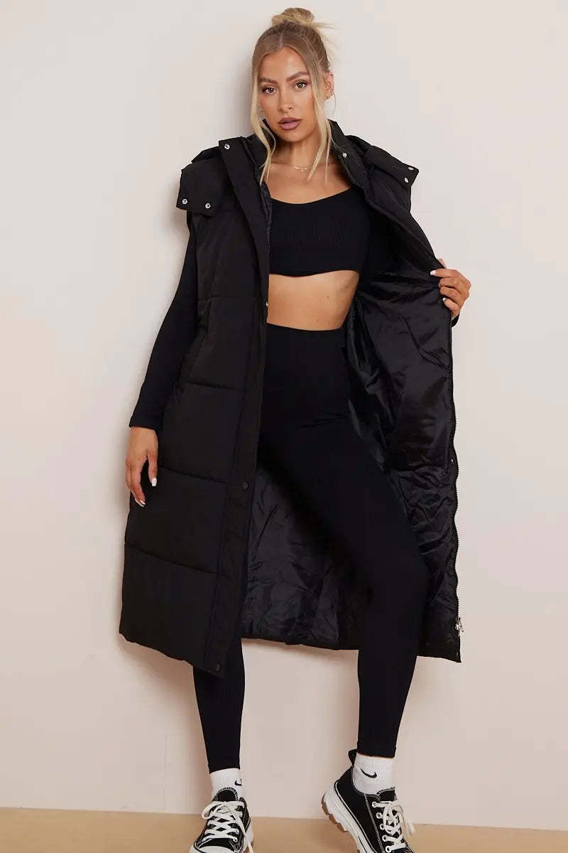 KATCH ME Black Versatile Waist Tie Hooded Thermal Gilet Coat