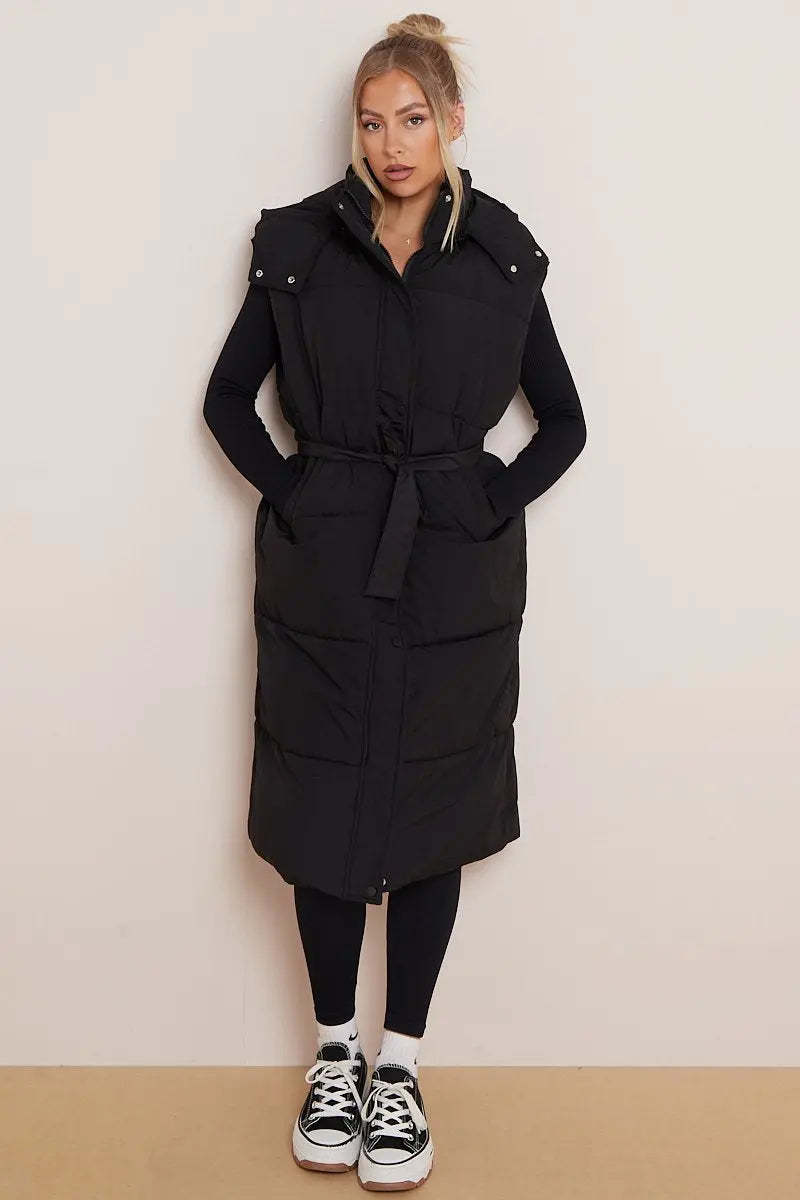 KATCH ME Black Versatile Waist Tie Hooded Thermal Gilet Coat