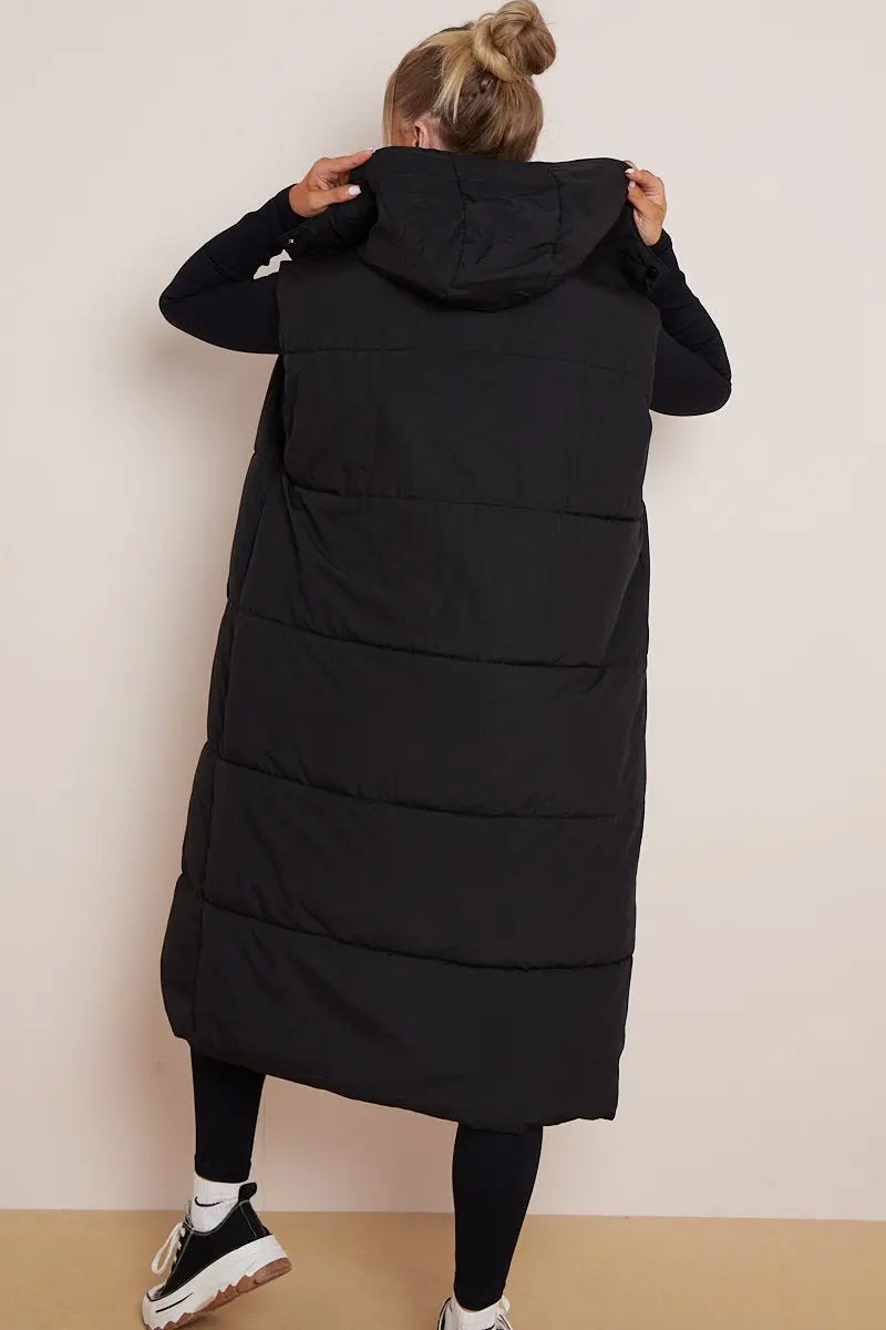 KATCH ME Black Versatile Waist Tie Hooded Thermal Gilet Coat