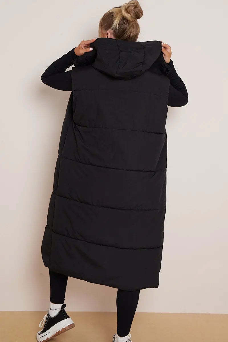 KATCH ME Black Versatile Waist Tie Hooded Thermal Gilet Coat
