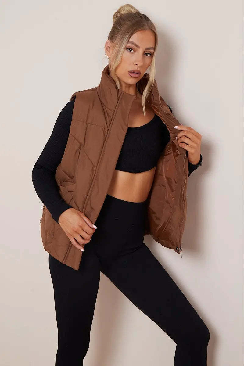 KATCH ME Brown Chic Stand Collar Zip-Up Gilet Coat