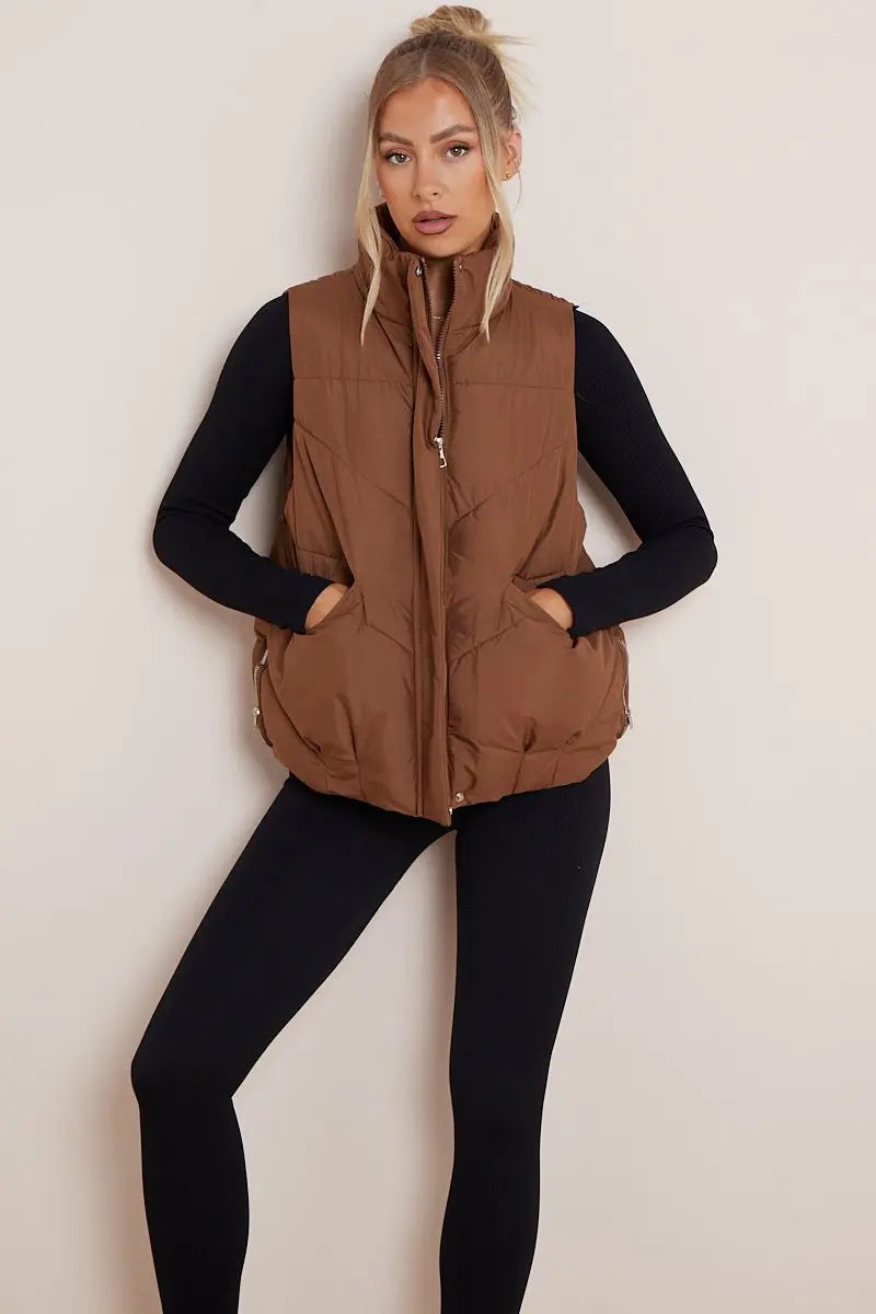 KATCH ME Brown Chic Stand Collar Zip-Up Gilet Coat 