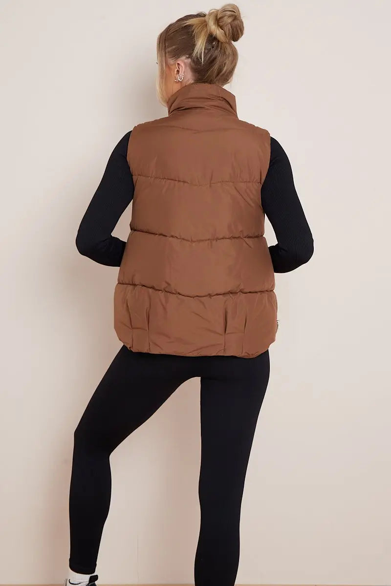 KATCH ME Brown Chic Stand Collar Zip-Up Gilet Coat 