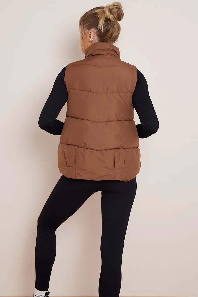 KATCH ME Brown Chic Stand Collar Zip-Up Gilet Coat