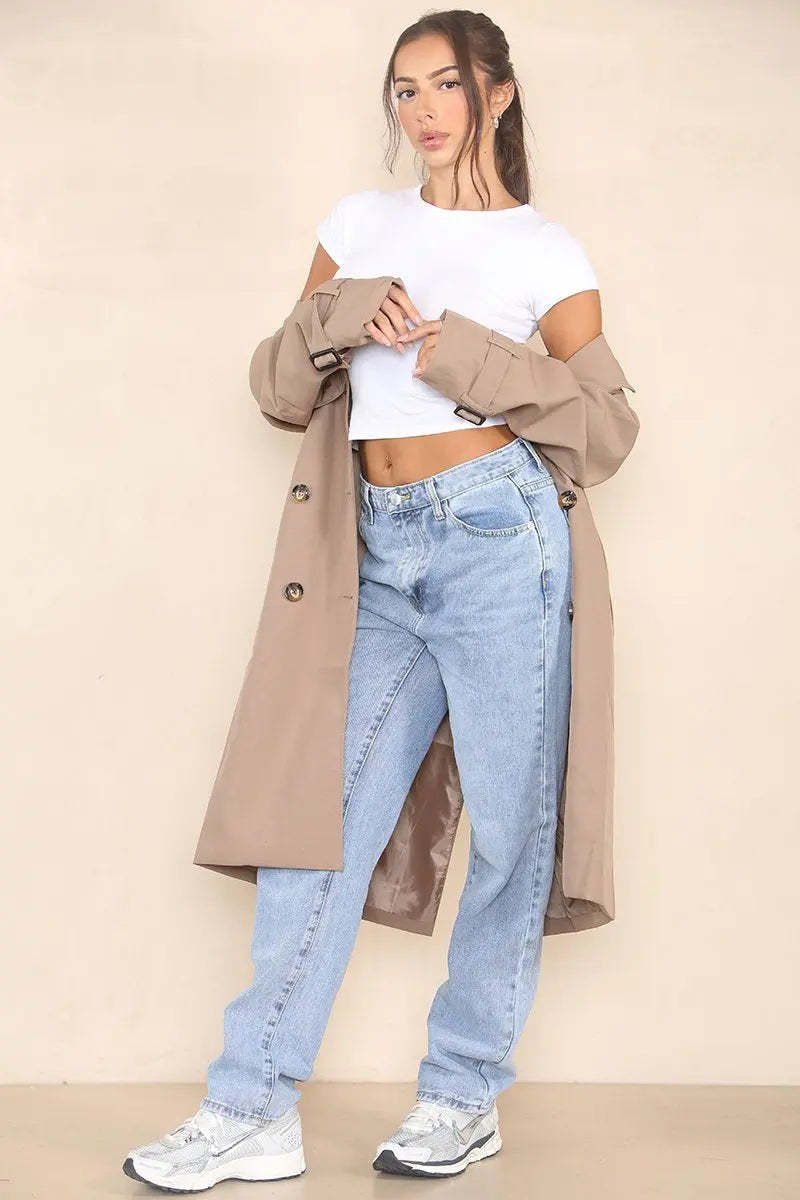 KATCH ME Coffee Notch Lapel Double Breasted Belt Decor Trench Coat Coat