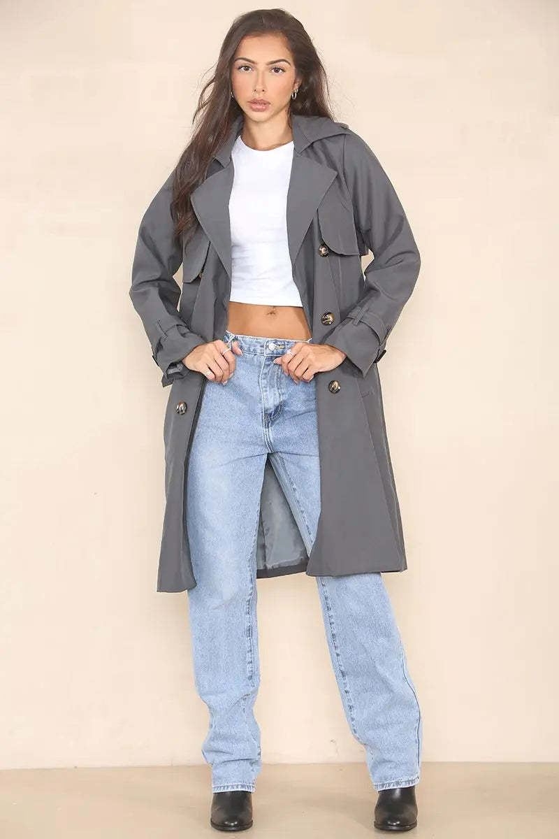 KATCH ME Grey Notch Lapel Double Breasted Belt Decor Trench Coat Coat