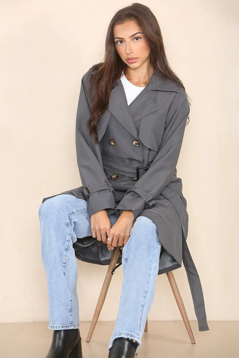 KATCH ME Grey Notch Lapel Double Breasted Belt Decor Trench Coat Coat 