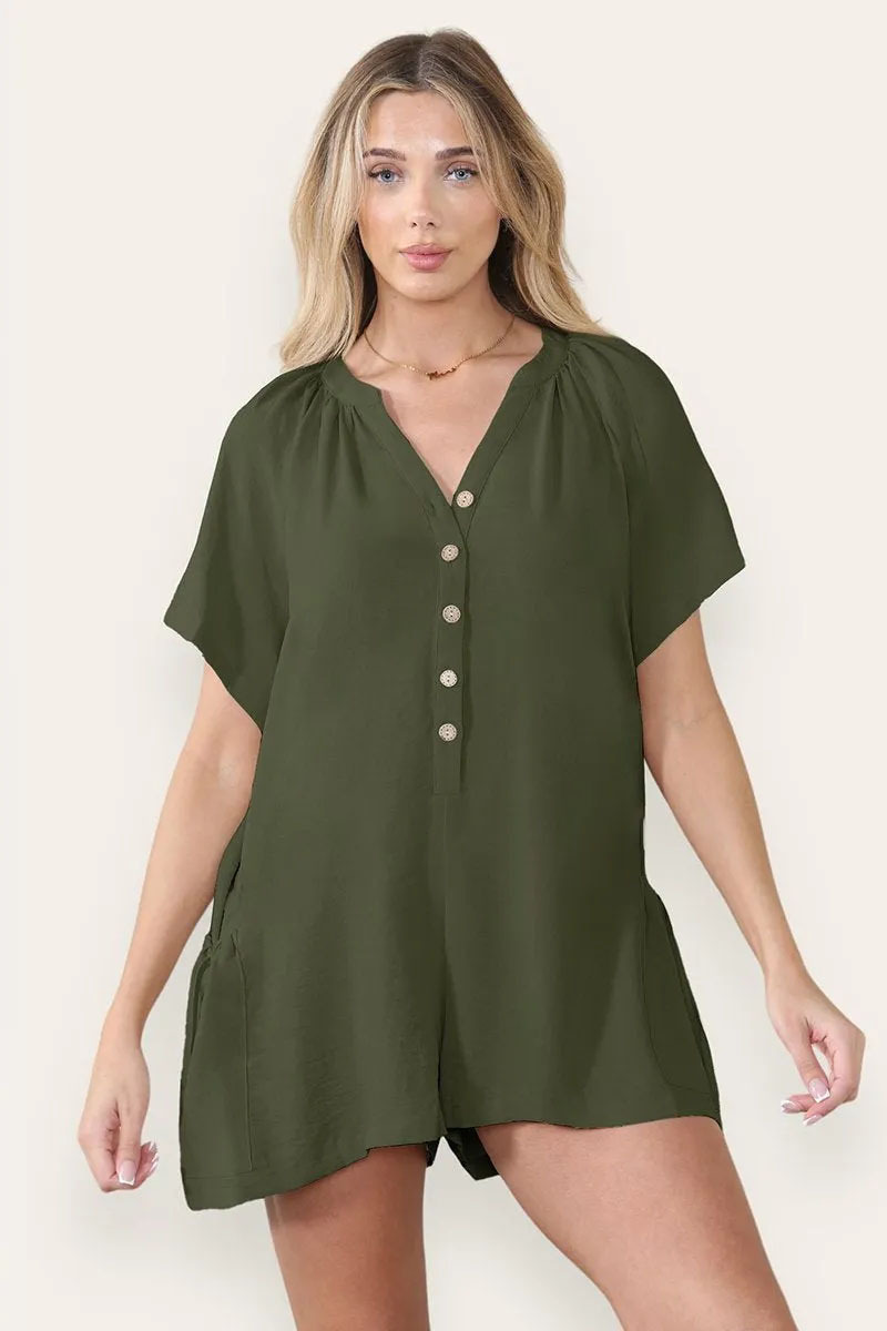 Plain V Neck Partial Button Baggy Pocket Playsuit
