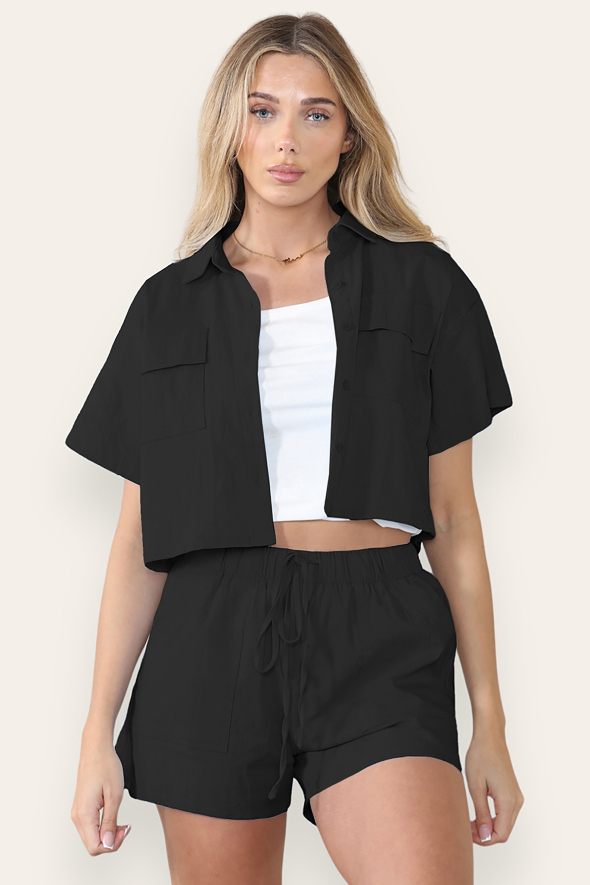 Casual Button Blouse & Drawstring Shorts Co-ord