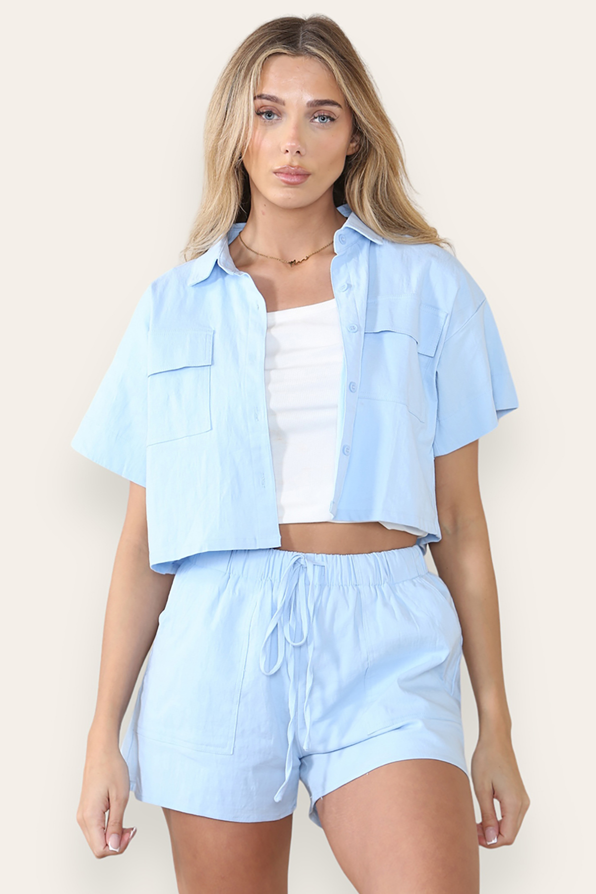 Casual Button Blouse & Drawstring Shorts Co-ord