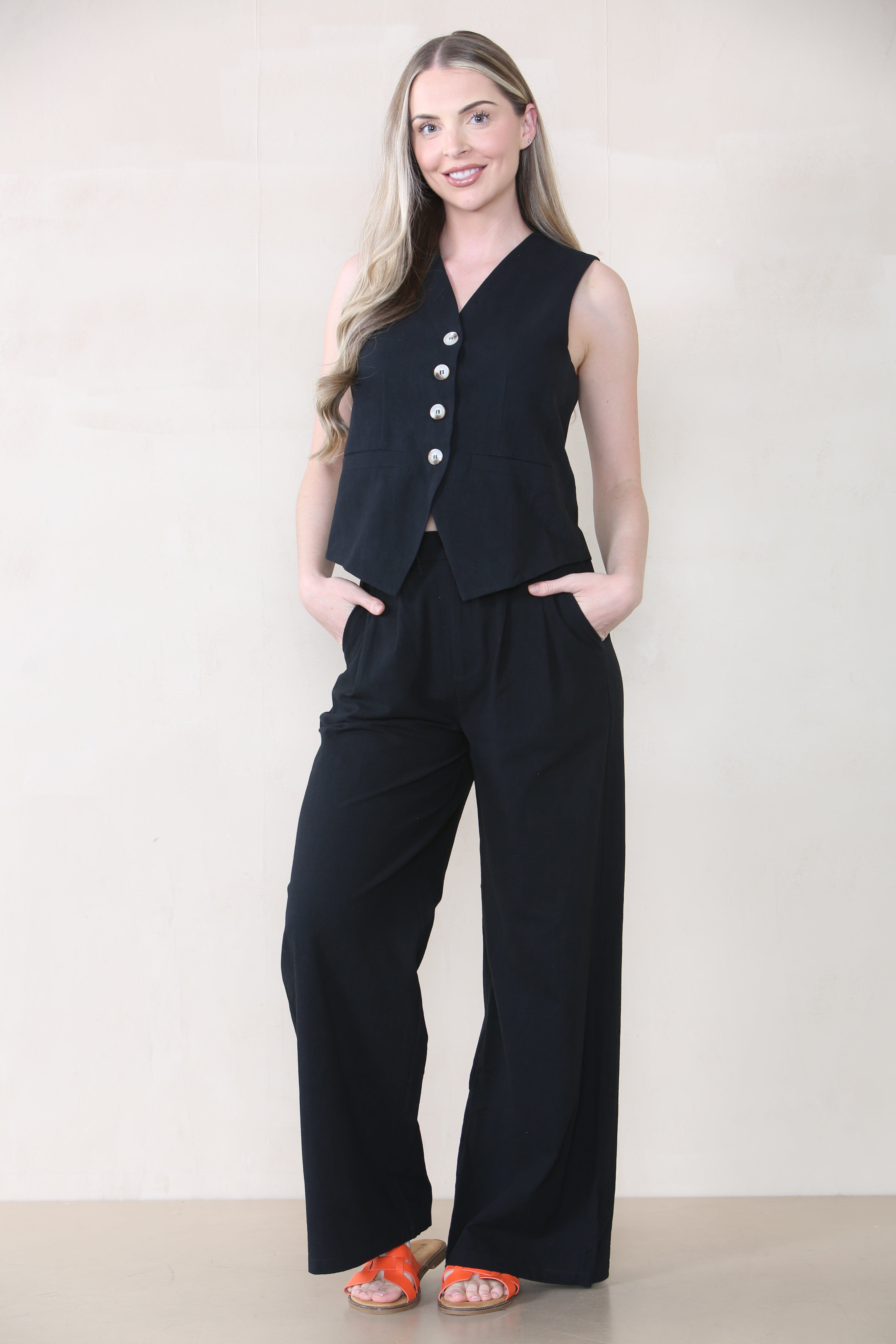 KATCH ME Women's Commuter V Neck Sleeveless Button Up Top & Wide Leg Trousers Co-ord