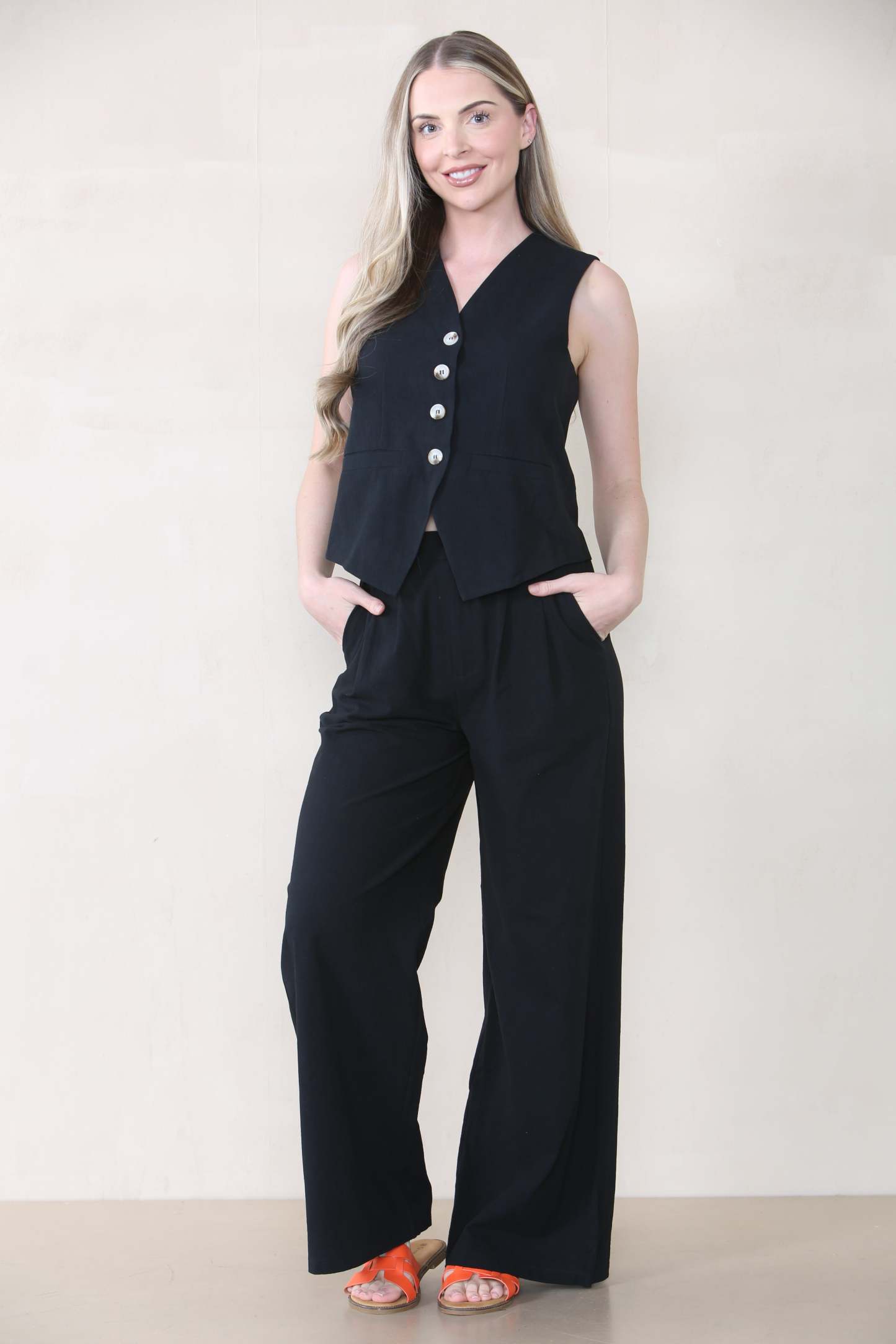 KATCH ME Women's Commuter V Neck Sleeveless Button Up Top & Wide Leg Trousers Co-ord