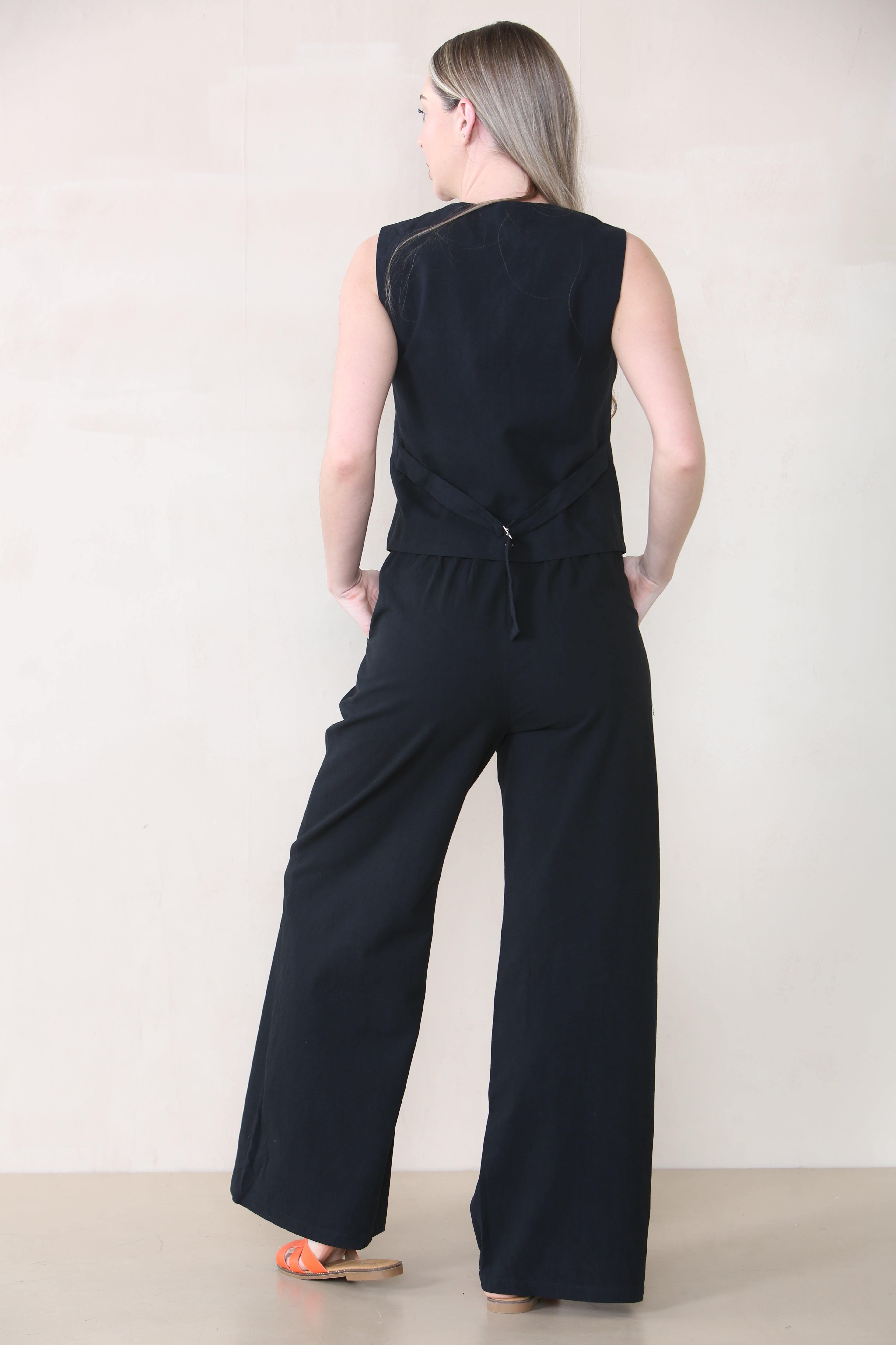 KATCH ME Women's Commuter V Neck Sleeveless Button Up Top & Wide Leg Trousers Co-ord