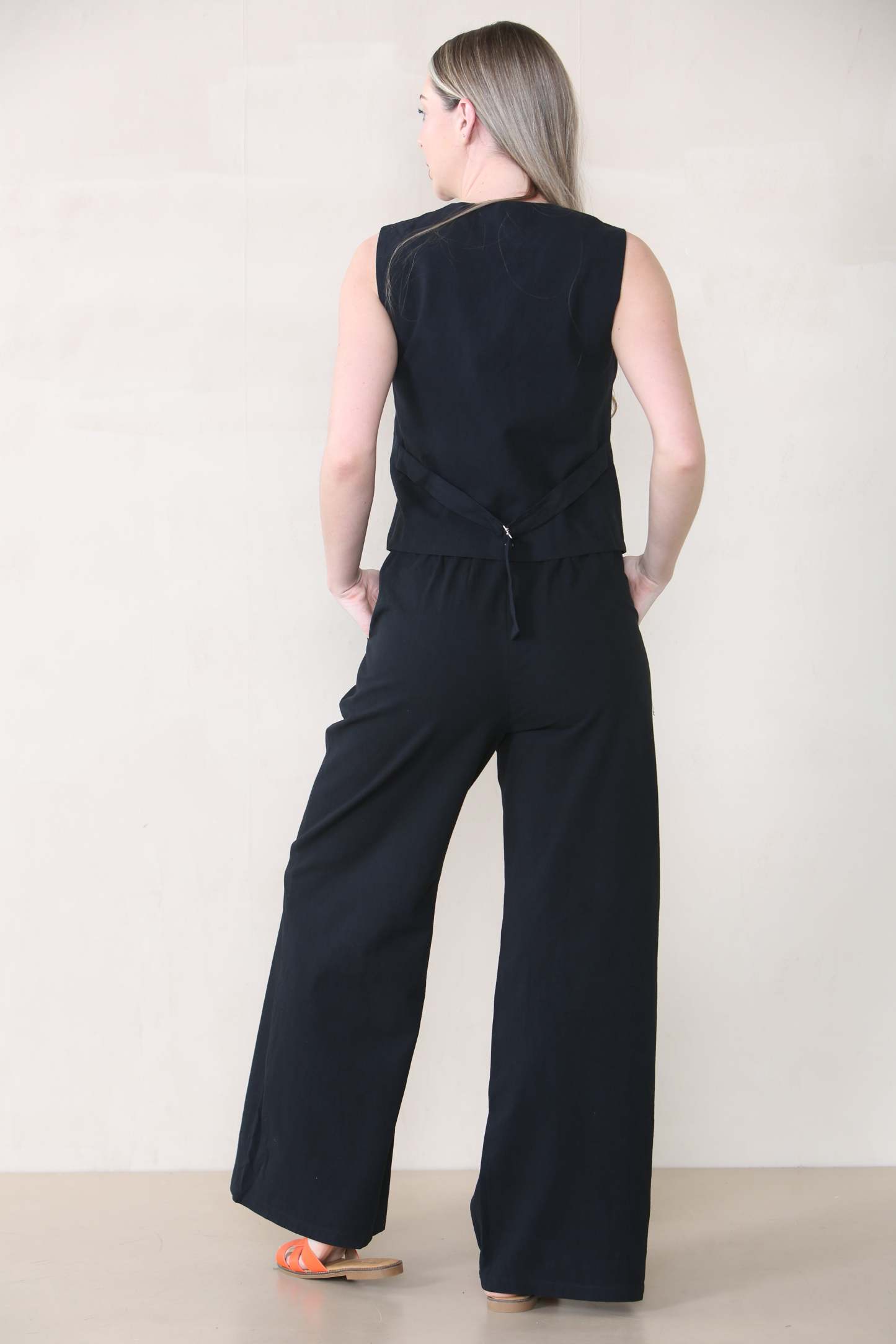 KATCH ME Women's Commuter V Neck Sleeveless Button Up Top & Wide Leg Trousers Co-ord