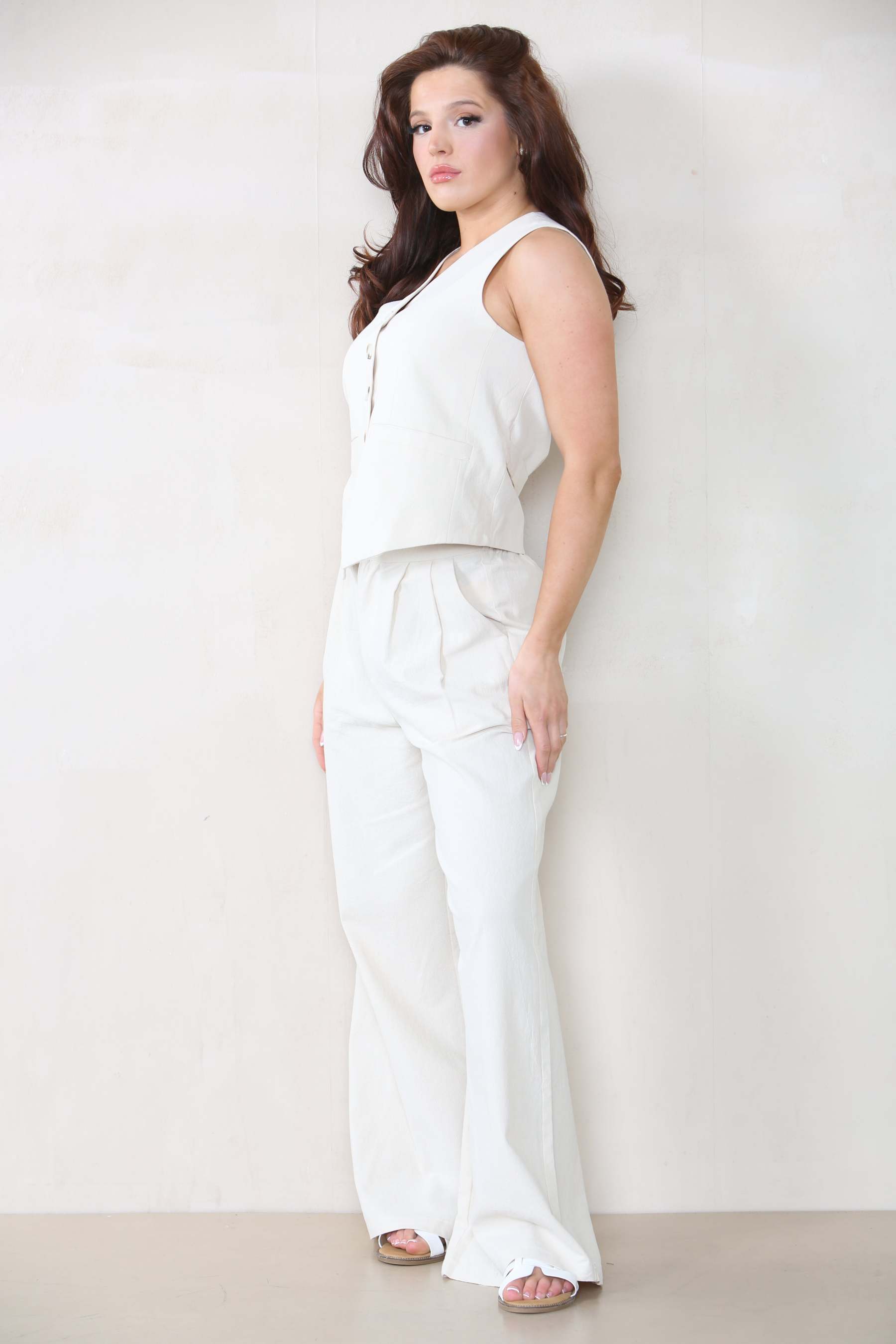 KATCH ME Women's Commuter V Neck Sleeveless Button Up Top & Wide Leg Trousers Co-ord
