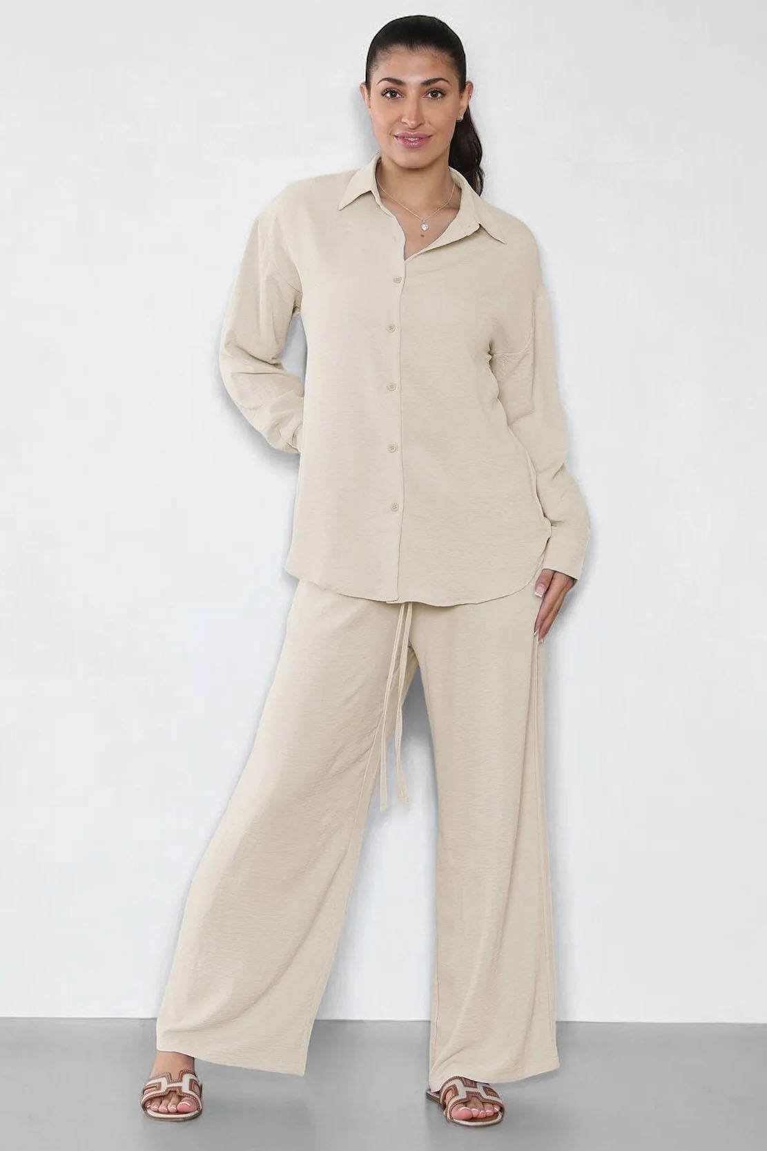 Leisure Plain Collared Long Sleeve Button Up Loose Shirt & Drawstring 