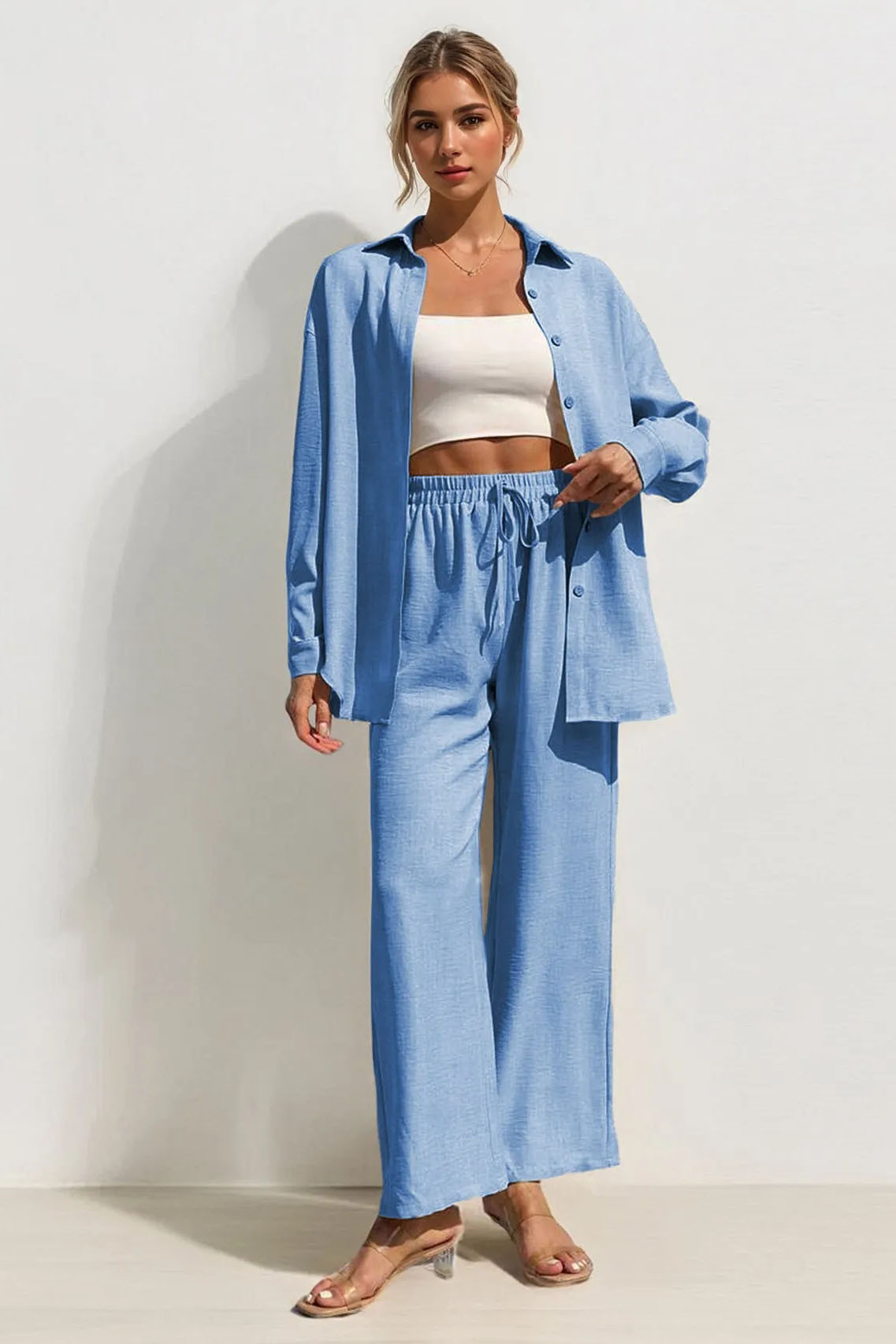 Leisure Plain Collared Long Sleeve Button Up Loose Shirt & Drawstring Wide Leg Trousers Co-ord