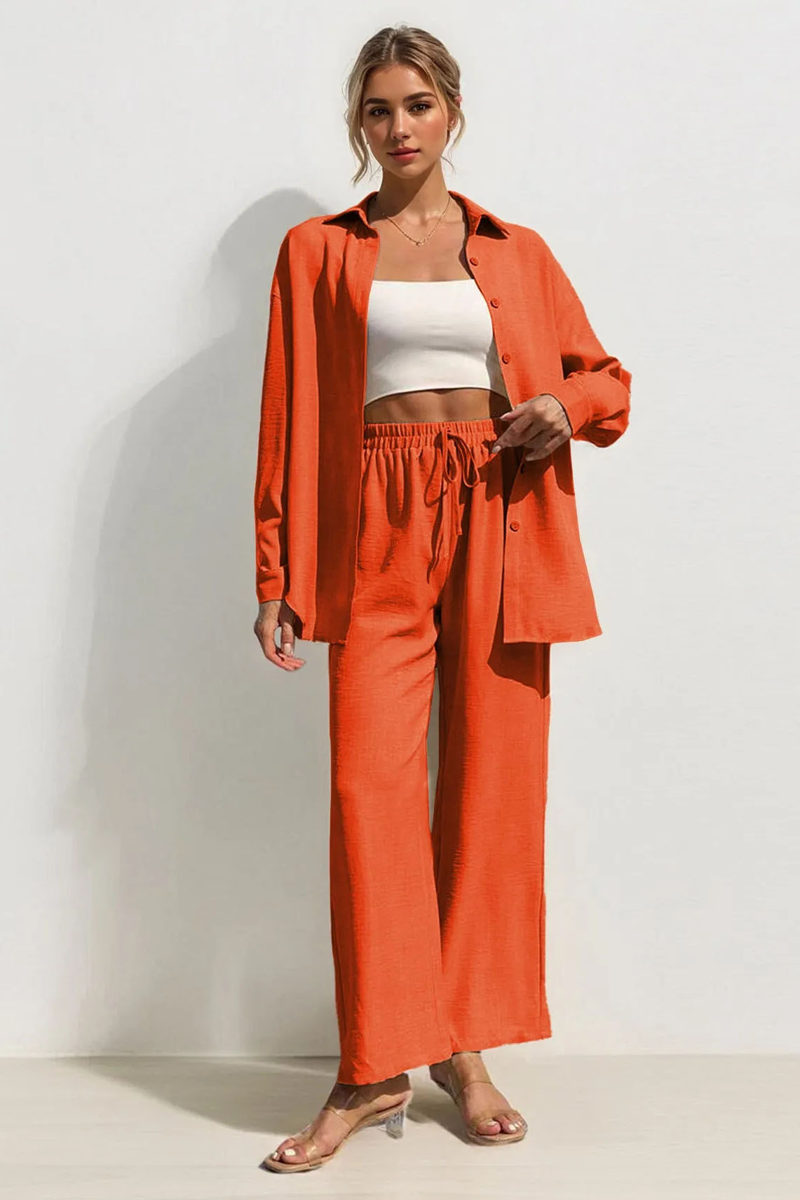 Leisure Plain Collared Long Sleeve Button Up Loose Shirt & Drawstring Wide Leg Trousers Co-ord