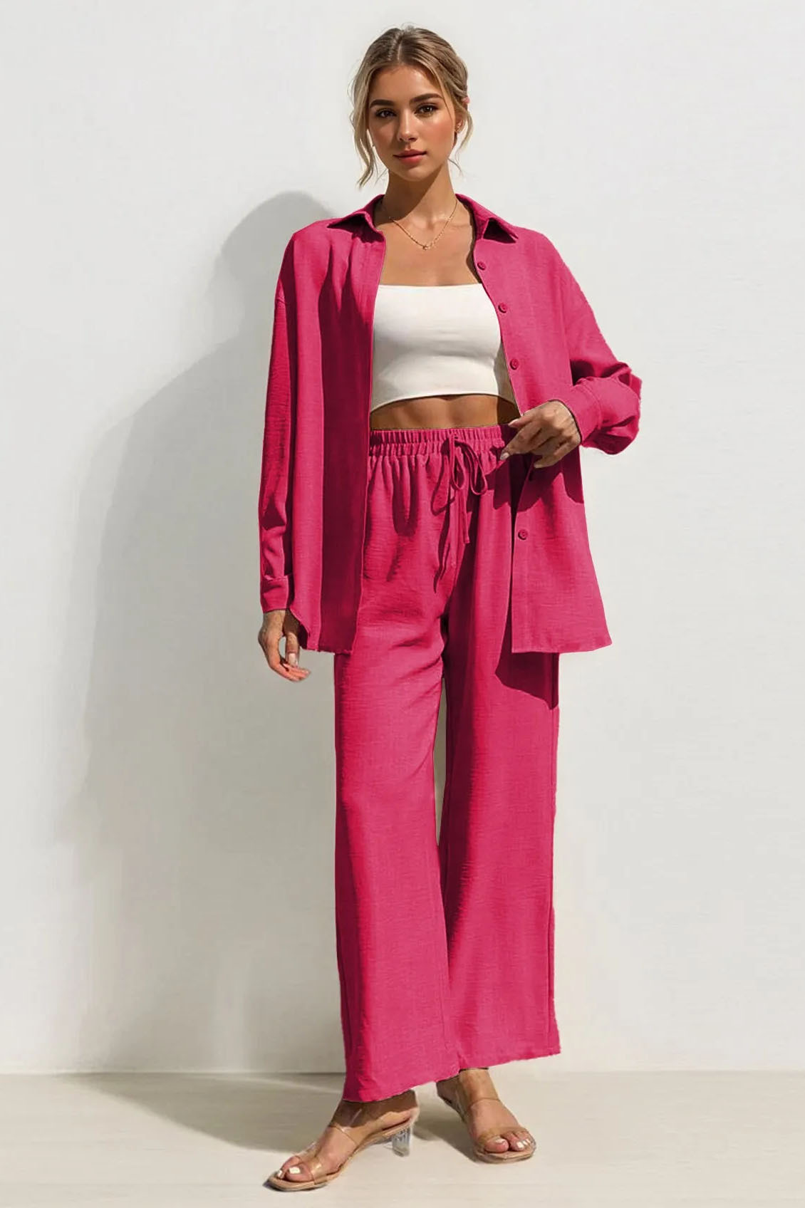 Leisure Plain Collared Long Sleeve Button Up Loose Shirt & Drawstring Wide Leg Trousers Co-ord