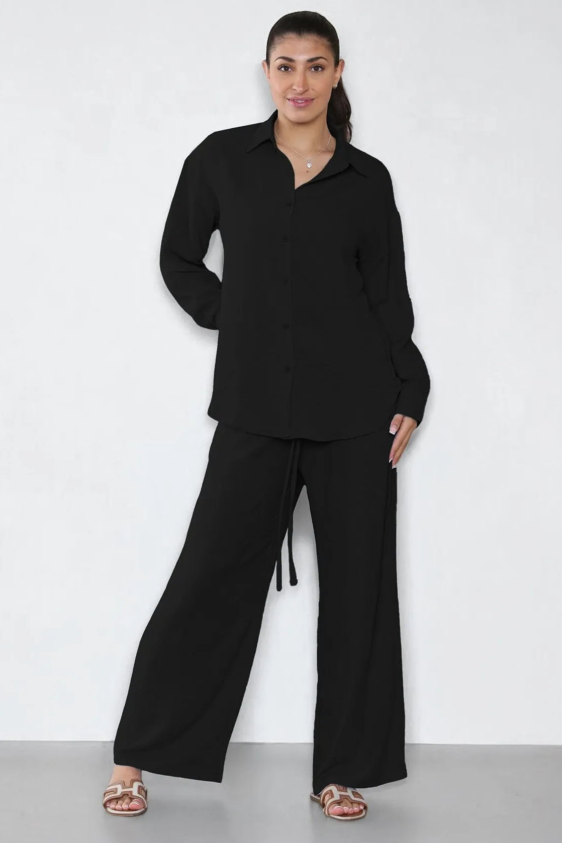 Leisure Plain Collared Long Sleeve Button Up Loose Shirt & Drawstring Wide Leg Trousers Co-ord